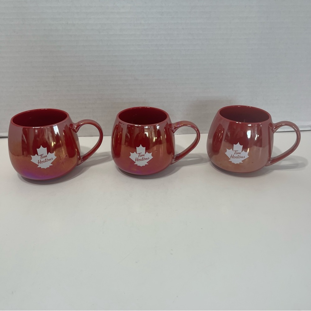 TIM HORTONS Iridescent red Coffee Tea mug Cup set of 3